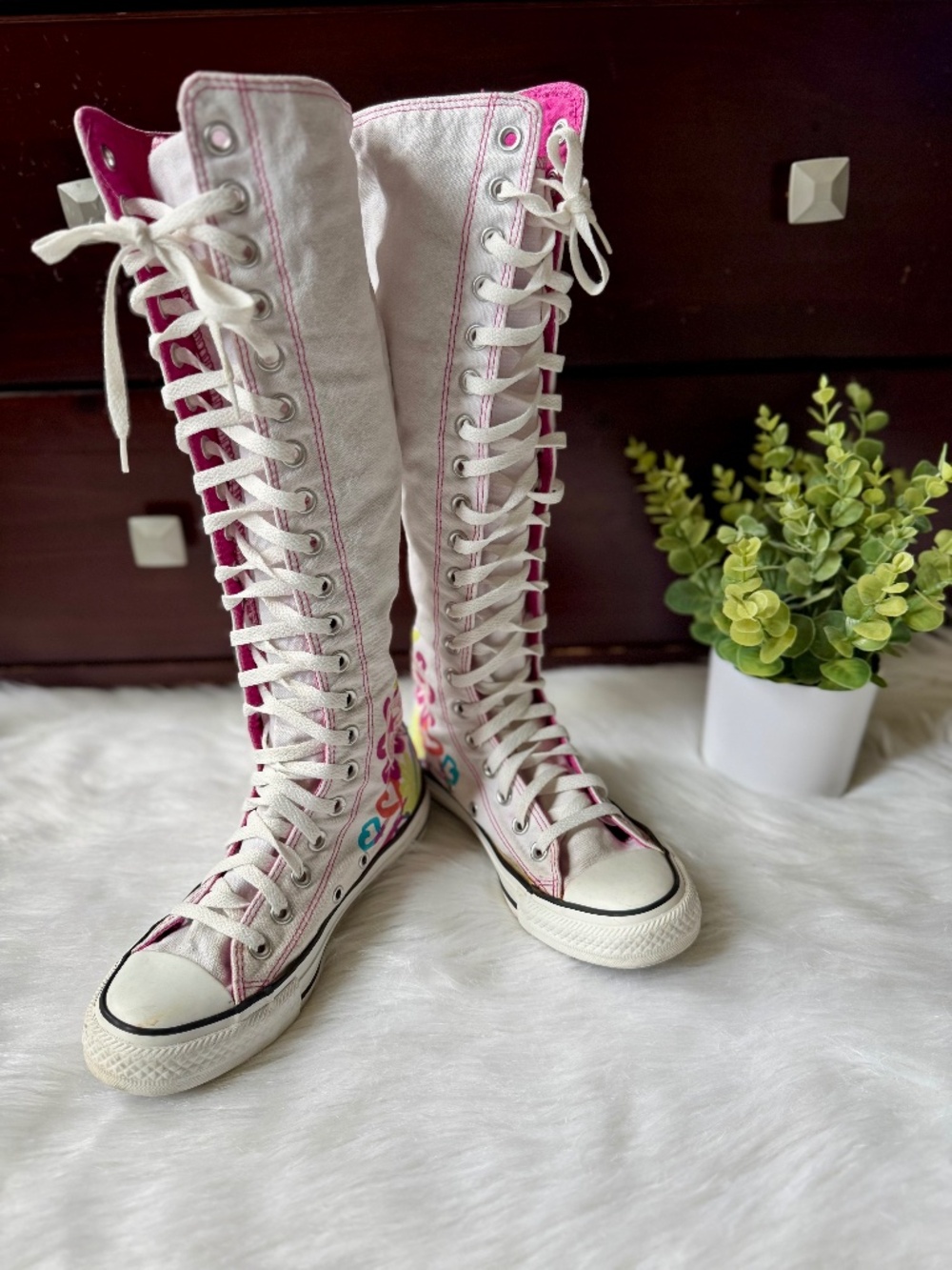 Converse All Star Chuck taylor White Floral Knee High Lace Shoes Women's Sz 5